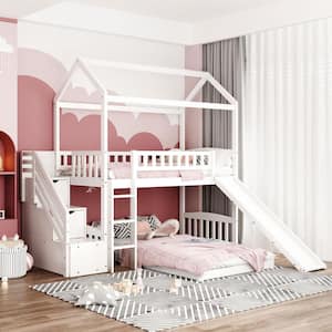 Twin over Twin Bunk Bed with 2 Drawers and Slide, House Bed with Slide, White