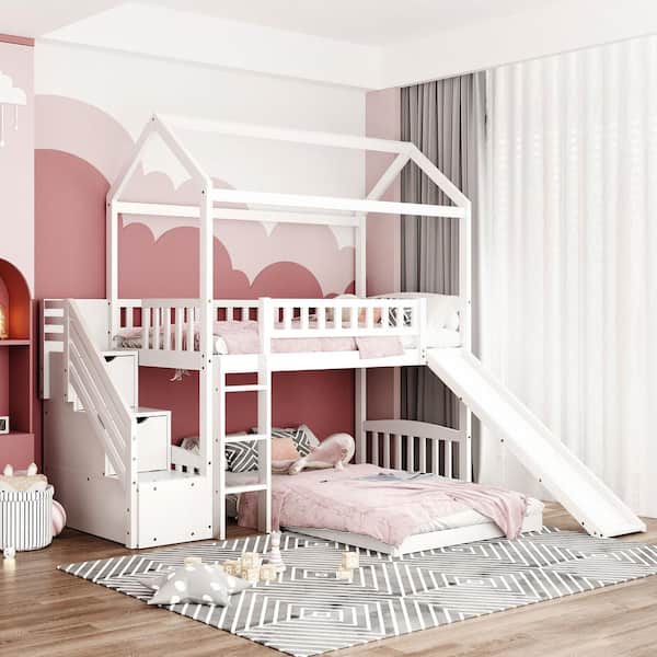 Polibi Twin over Twin Bunk Bed with 2 Drawers and Slide, House Bed with Slide, White