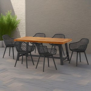 Miranth 7pc Outdoor Patio Dining Set, Polypropylene Chairs, Acacia Wood + Iron Table, Black + Brown