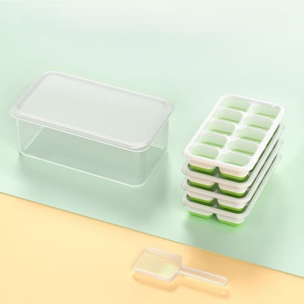 Green Kitchen Complete Ice System Stackable Clear Cube Silicone Ice Cube Tray with Lid and Bin