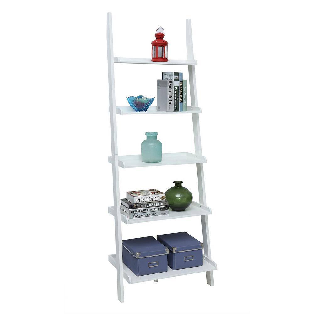 White Wooden Leaning Bookshelf Ladder with Five Shelves
