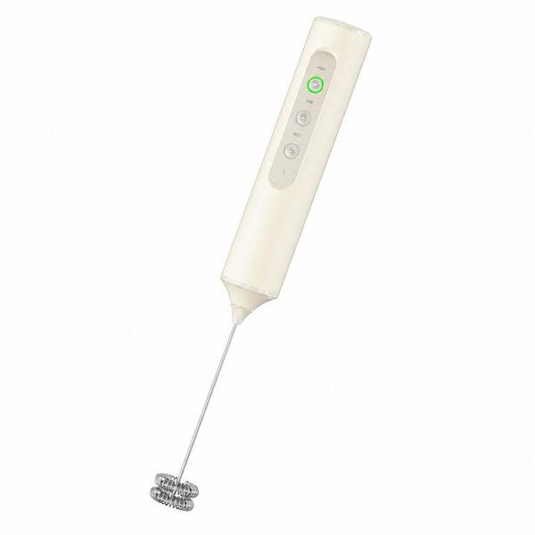 Stainless Steel Handheld Milk Frother Drink Mixer with 3-Speed Settings 3 Whisks Storage Box, Beige