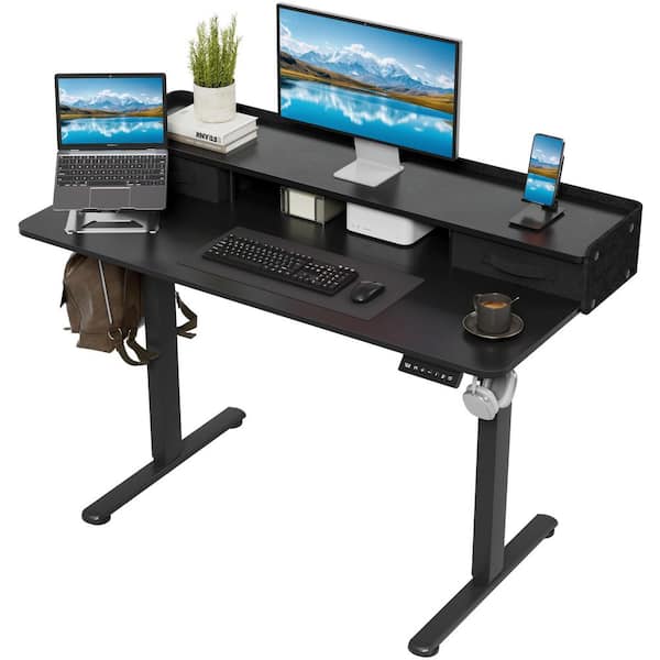 47 in. Rectangular Black Electric Standing Desk with Cell Phone Stand and 2 Drawers