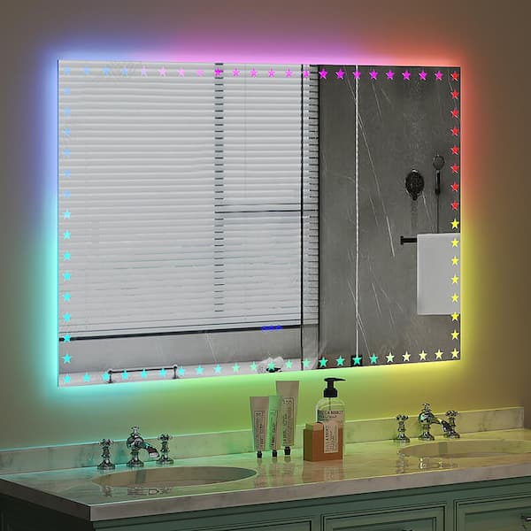 Unbranded 55 in. W x 36 in. H Rectangle LED Bathroom Vanity Mirror Decorative Wall Mirrors with Backlit RGB Lights/Anti-Fog Memory
