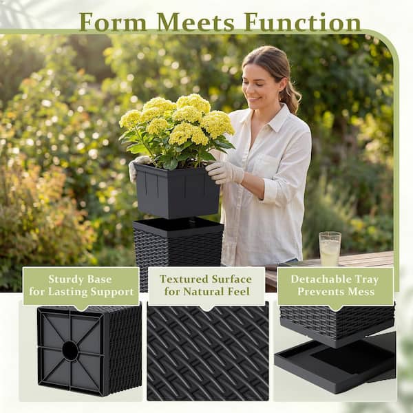 Tozey Rattan Texture Black Outdoor Resin Tapered Planter Set with