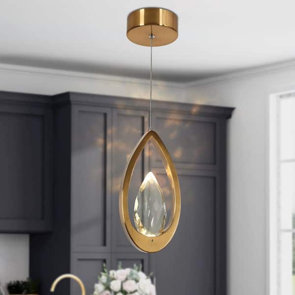 Modern Luxury 1-Light Plating Brass Teardrop Crystal Mini Pendant Light Integrated LED Foyer, Bedroom, Living Room Light