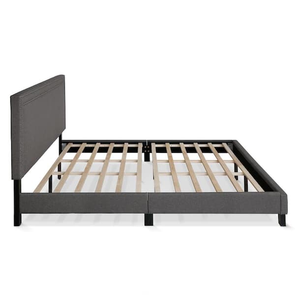 Gray Frame Laval Stone Queen Double Row Nail Head Platform Bed