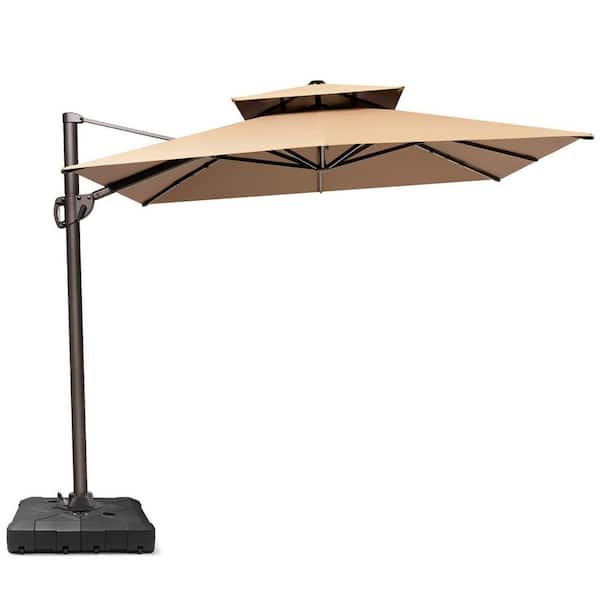 9 ft. x 11 ft. Double Top Cantilever Tilt Patio Umbrella in Tan with HDPE Base Stand