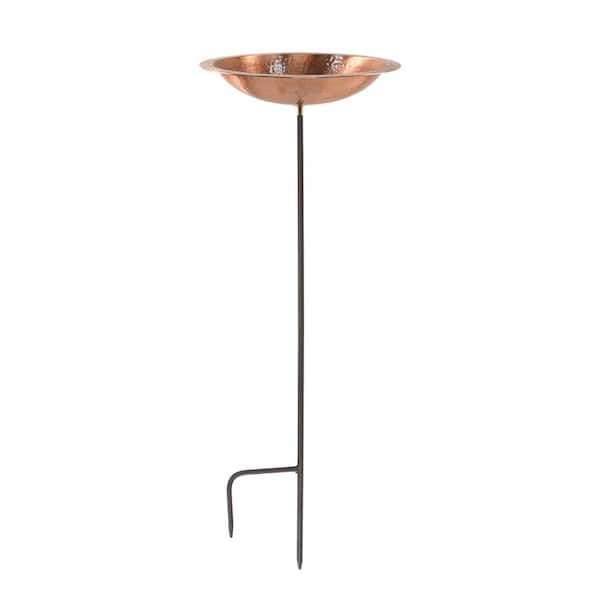 39 in. H Round Satin Hammered Solid Copper Birdbath Bowl w/Roman Bronze Wrought Iron Rail Stake, Outdoor Accessory