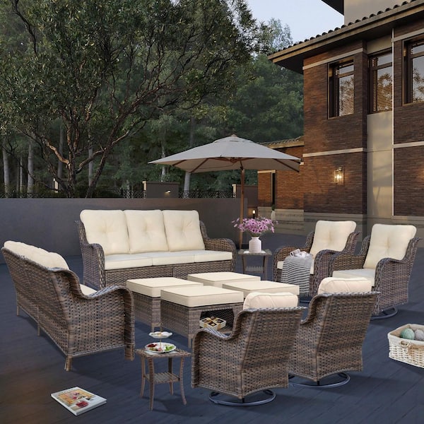 Xingzjojor Brown 12-Piece Wicker Outdoor Patio Conversation Seating Sofa Set with Beige Cushions and Swivel Rocking Chairs