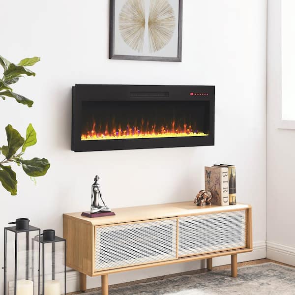 Ultrathin 42 in. W Wall Mounted Metal Electric Fireplace in Black with Tempered Glass Screen and Mixed Flames