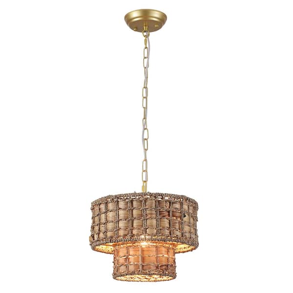 ADSENSTY 1-Light 2-Tier Gold Drum Rattan Dimmable Chandelier Light for Kitchen Island,Dining Room with No Bulbs Included
