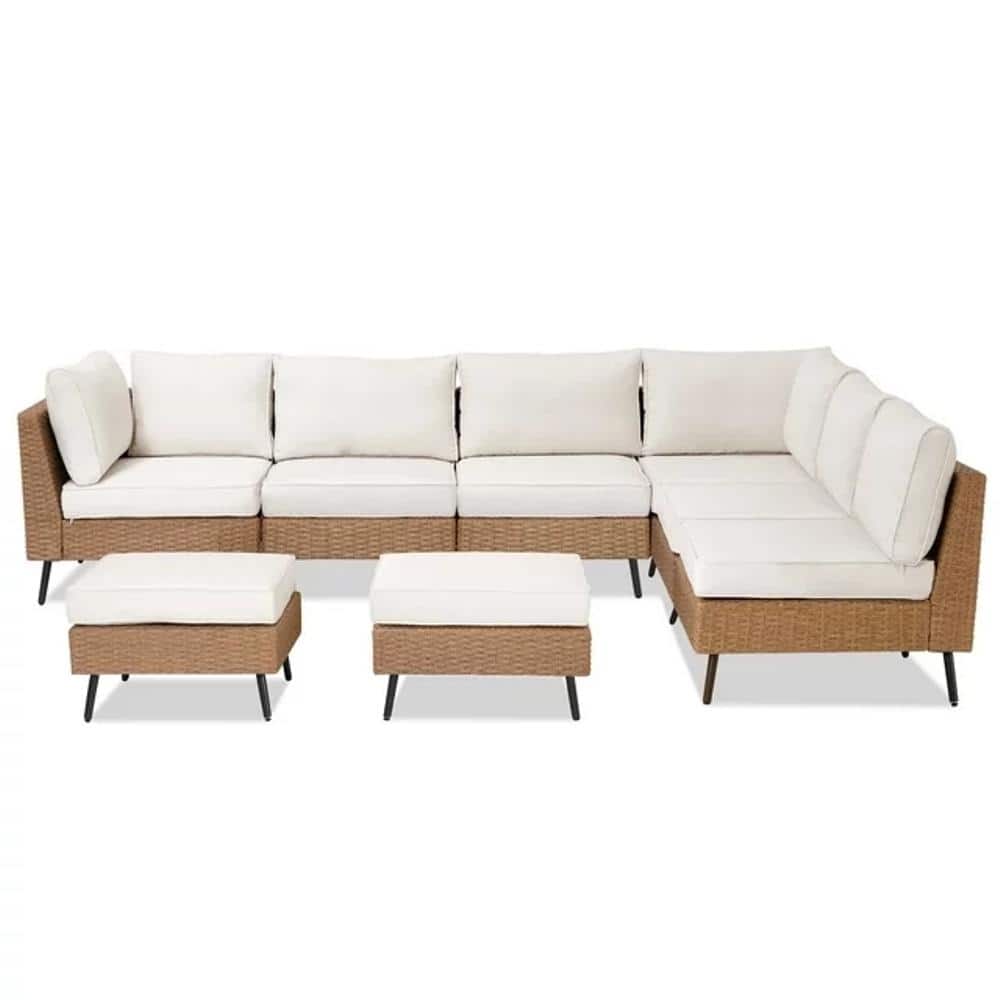Beige 8-Piece Steel Frame Outdoor Sectional Sofa Set