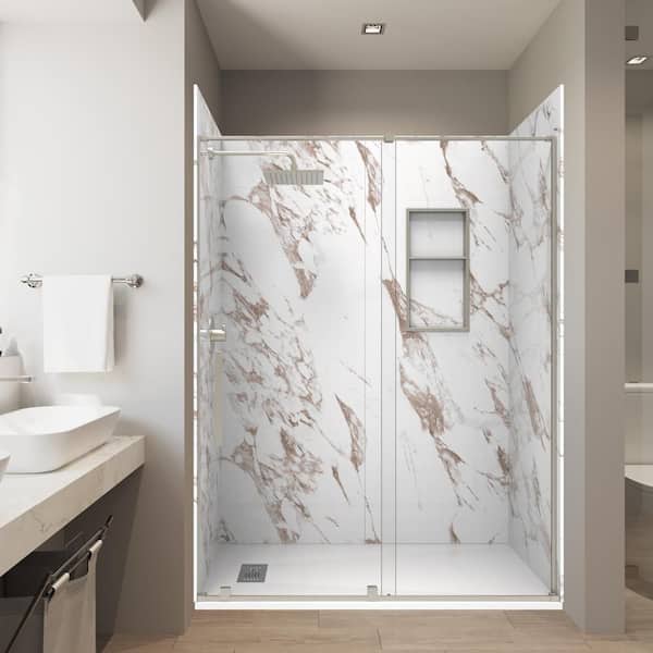 Caramel 32in. x 60in. x 84in. Solid Composite Stone Alcove Shower Combo Kit Matching Brushed Nickel Door,Niche and Drain