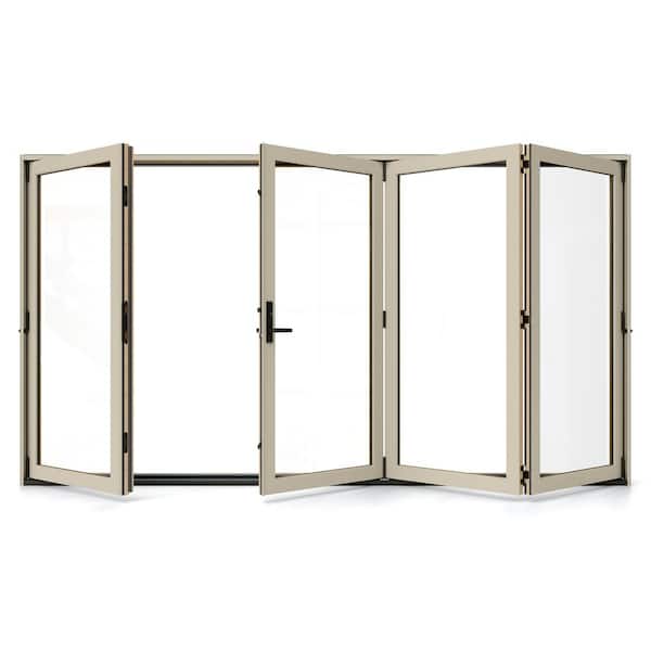 JELD-WEN W5500 124 in. x 80 in. Desert Sand Left Hand/Outswing Aluminum Clad Wood 4-Panel Prehung Folding Patio Door