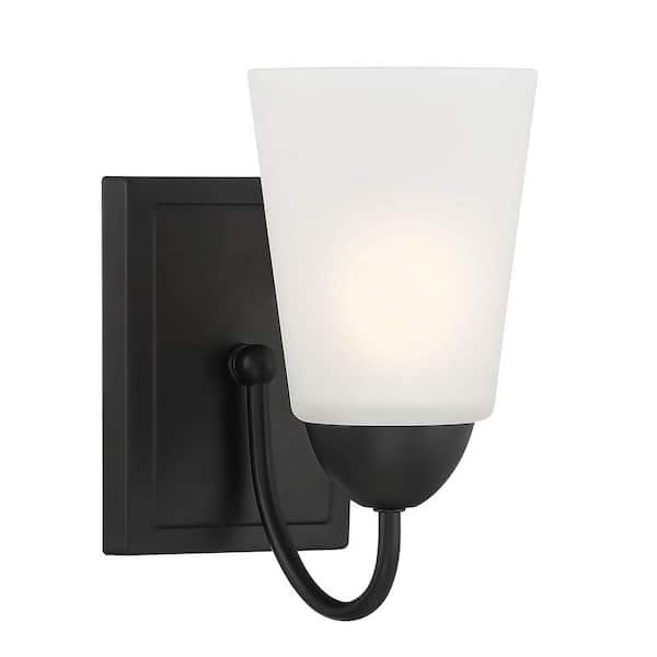 Designers Fountain Malone 4.75 in. 1-Light Matte Black Transitional Wall Sconce with Frosted Glass Shade