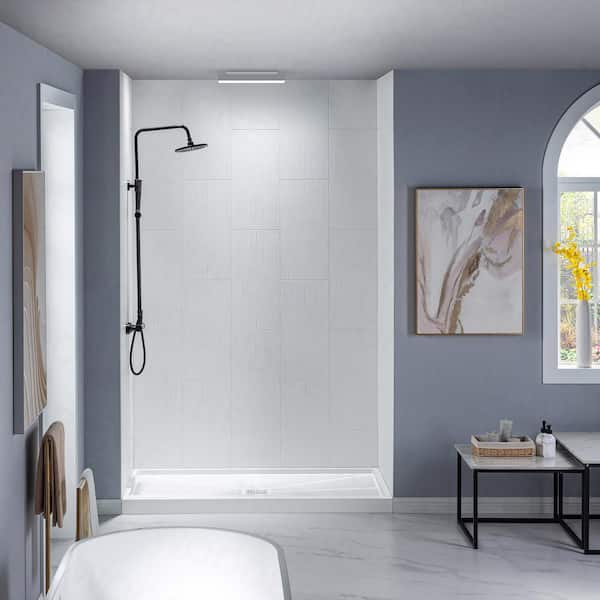 WOODBRIDGE 32 in. x 60 in. x 96 in. Solid Surface 3-Piece Easy Up Adhesive Alcove Shower Wall Surround in Matte White