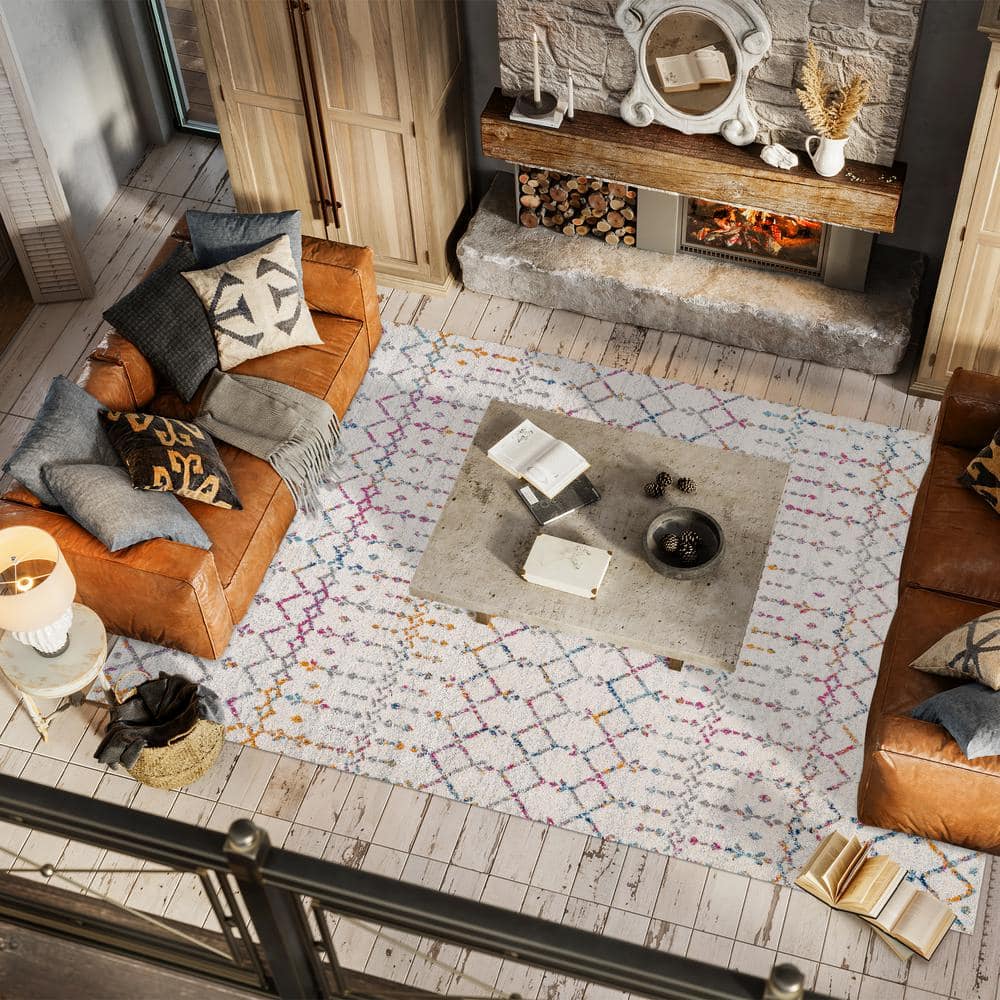 Ivory and Multicolor Synthetic Rectangular Trellis Area Rug, 3 ft. x 5 ft.