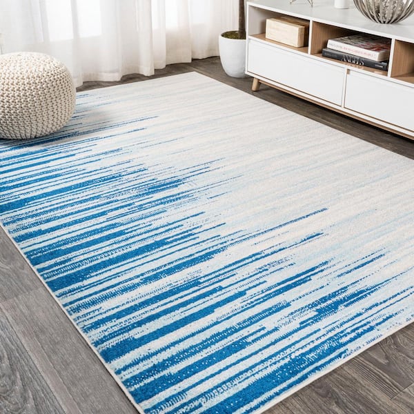 Linear Modern Half-Stripe Blue/Cream 3 ft. x 5 ft. Area Rug