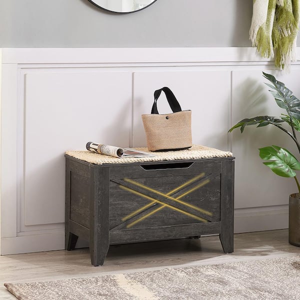VECELO Storage Ottoman Bench, 30 in. Gray Wooden Toy Storage Box Chest with Safety Hinge, Shoe Bench with U-Shaped Cut-Out Pull