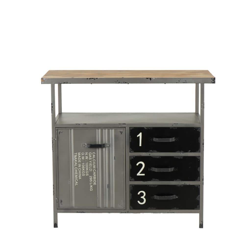 Gray Industrial Metal Cabinet with Wood Top and Drawers