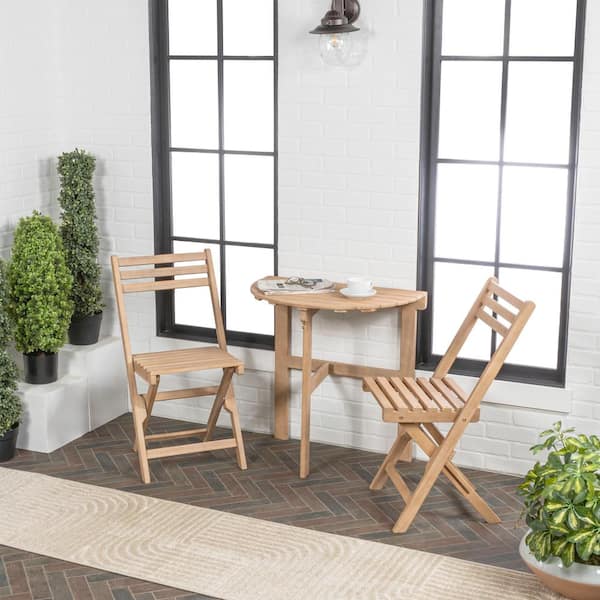 Cadiz Classic French Country 3-Piece Acacia Wood Half-Round Outdoor Folding Bistro Set, Light Teak