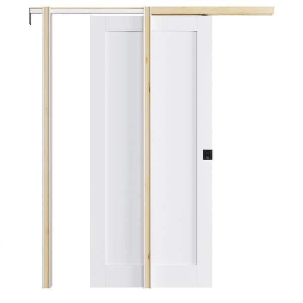 36 in. x 80 in. Paneled Blank White Primed Wood Pocket Door with Pocket Hardware Kit (Soft Close and Black Lock Incl)