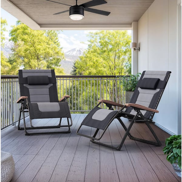 Extra Wide Zero Gravity 2 Piece Metal Outdoor Chaise Lounge Folding Recliner with Quilted Black and Gray Cushion
