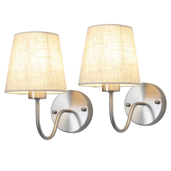 ADSENSTY 10.78 in. 1-Light Silver Dimmable Vanity Light Bath Sconce Wall Light with Linen Beige Fabric Shade (Set of 2)