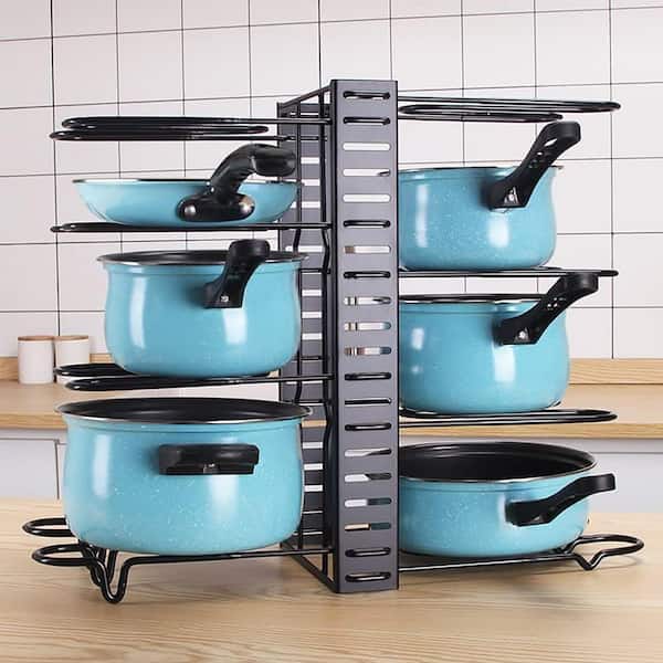 Black Adjustable Metal Organizer Rack for Pots and Pans with 3 DIY Methods and 8 Tiers for Kitchen Cabinet