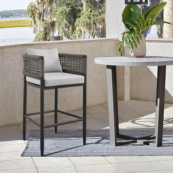 Armen Living Felicia 26 in. Counter Height Aluminum Outdoor Bar Stool with Light Grey Cushions