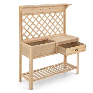 Wood Raised Garden Bed with Trellis Elevated Planter Box with Storage Shelf and Drawer