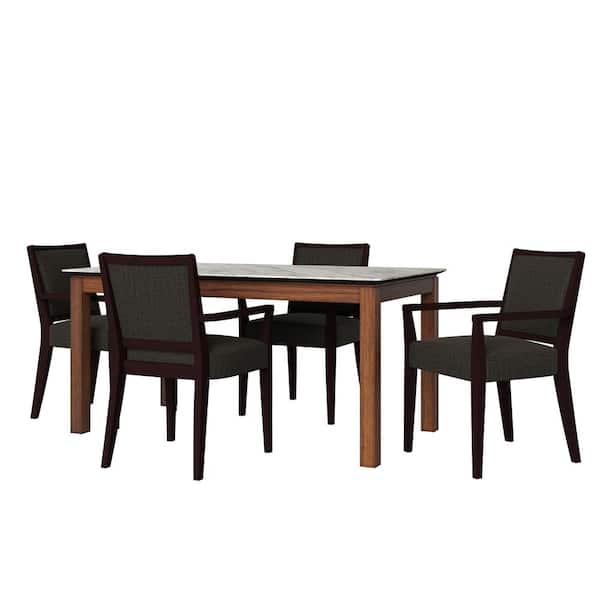 Handy Living Wesley 5-Piece Marblelook Smart Top Dining Table & Upholstered Arm Chairs in Jutelike Chocolate Brown Woven