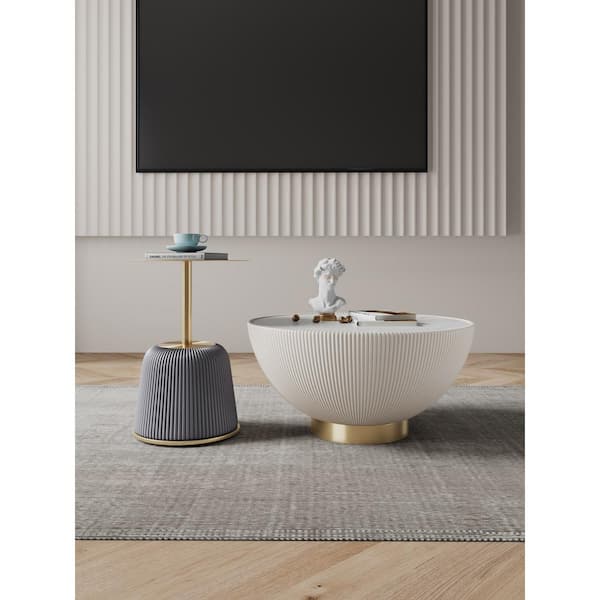 Manhattan Comfort Anderson 28.15 in. Cream and Grey Round Leatherette Upholstered Faux Marble Coffee Table with 15.75 in. End Table