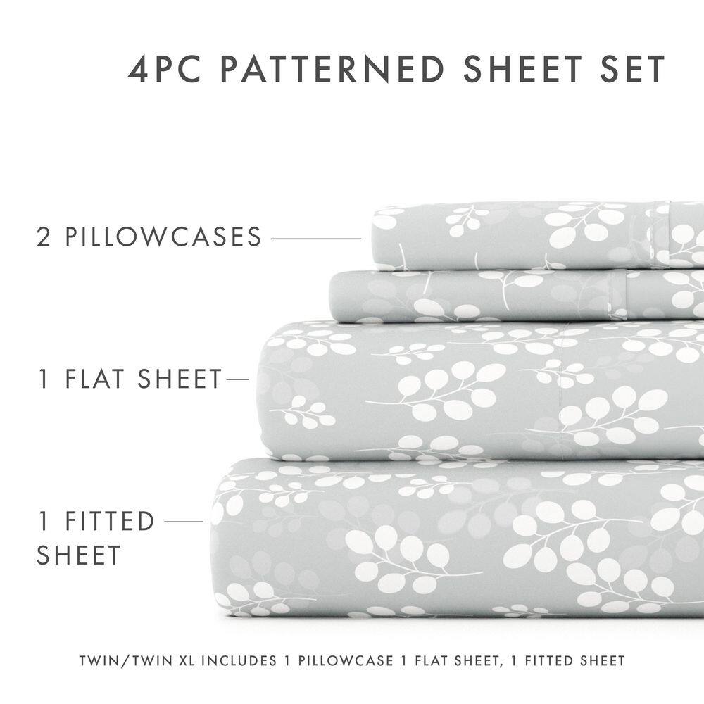 Gray Floral Print Microfiber Full Sheet Set