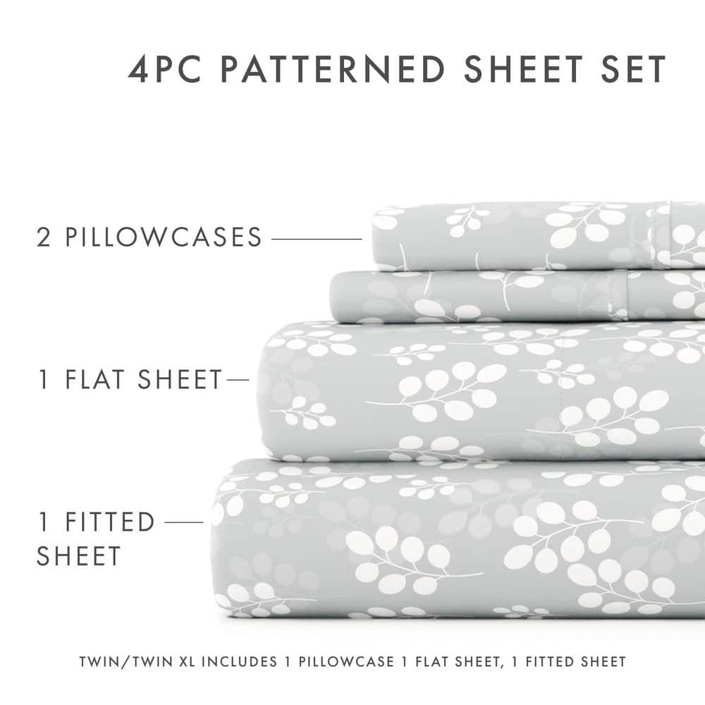 Gray Queen Microfiber Botanical Print Sheet Set