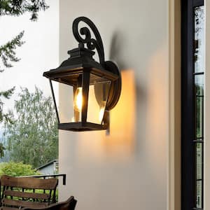 Large Elegant Black 1-Light Hardwired Outdoor Wall Lantern Sconce with Bulb Not Included