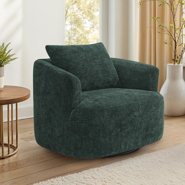 Green Chenille Fabric 360° Swivel Barrel Arm Chair U-shaped Swivel Accent Chair with Metal Base