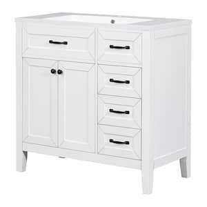 35.98 in. W x 18.03 in. D x 35.98 in. H Freestanding Bath Vanity in White with White Ceramic Top with Drawers