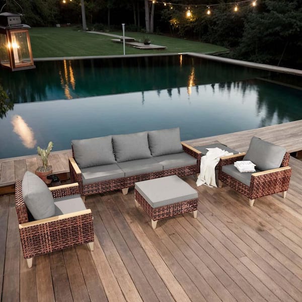7-Piece Wicker Patio Conversation Set with Gray Cushions
