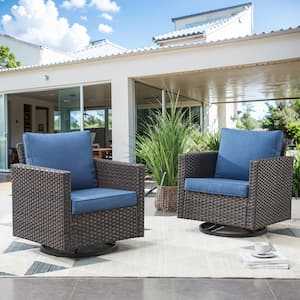 Brown Swivel Glider Wicker Outdoor Rocking Chair with Blue Cushions (2-Pack)