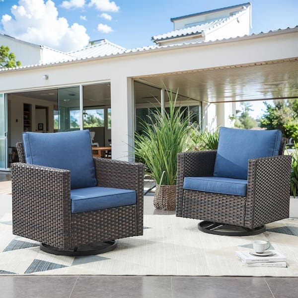 moosprr Brown Swivel Glider Wicker Outdoor Rocking Chair with Blue Cushions (2-Pack)