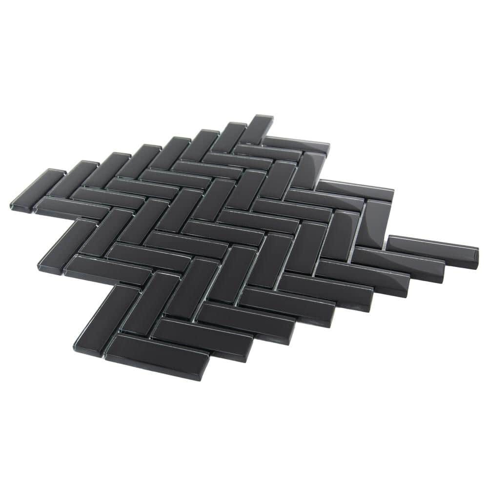 Black Herringbone Polished Glass Mosaic Tile for Walls