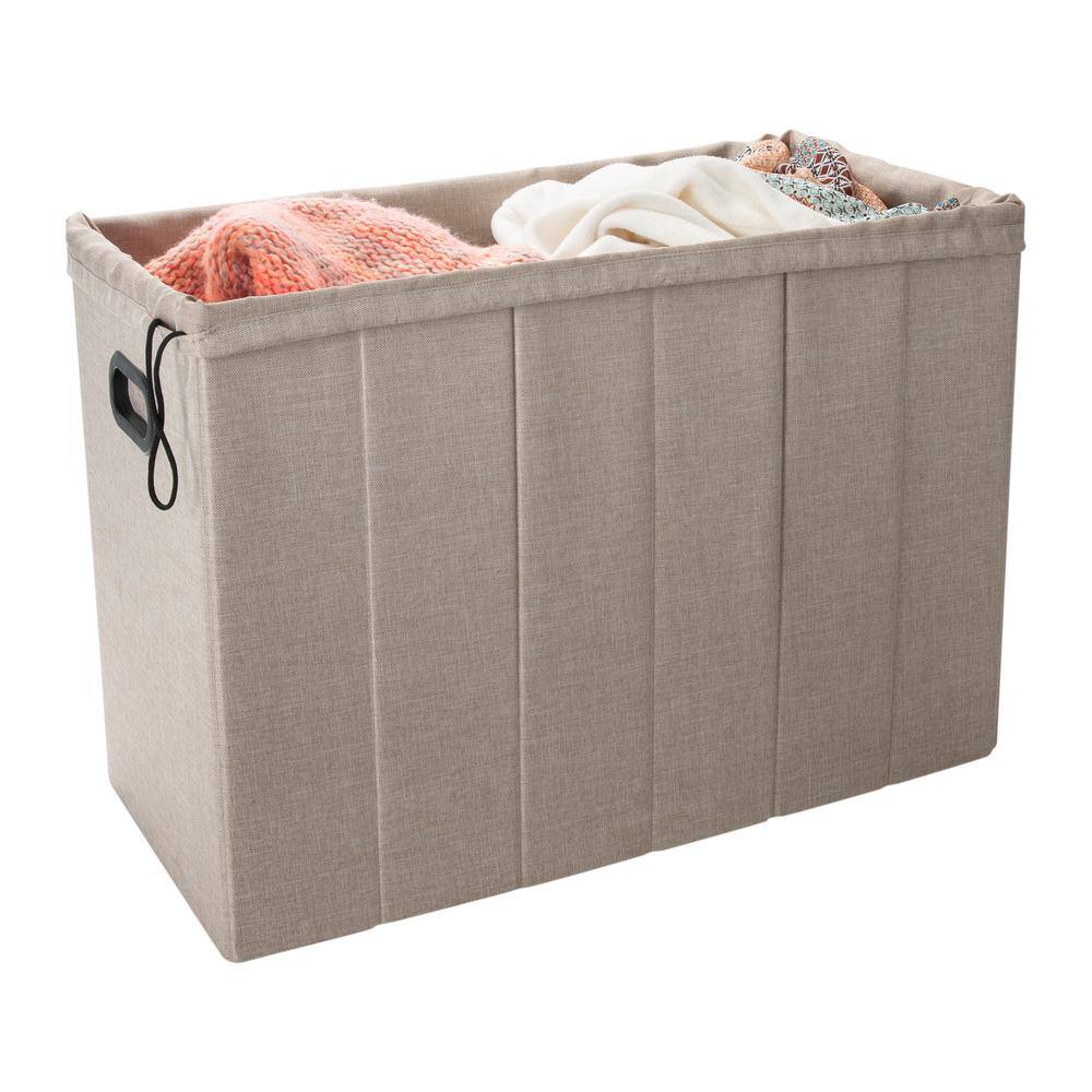Off-White Polyester Collapsible Flip-Top Ottoman with Laundry Hamper