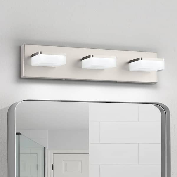 20.5 in. 3 Light Nickel Vanity Light Bar with Dimmable 5500K Light and 270° Swivel Range Acrylic Lampshade