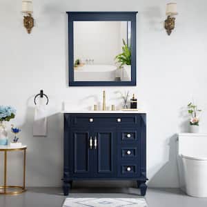 36 in. W x 22 in. D x 35 in. H Single Sink Bath Vanity in Navy Blue with White Quartz Top and Mirror
