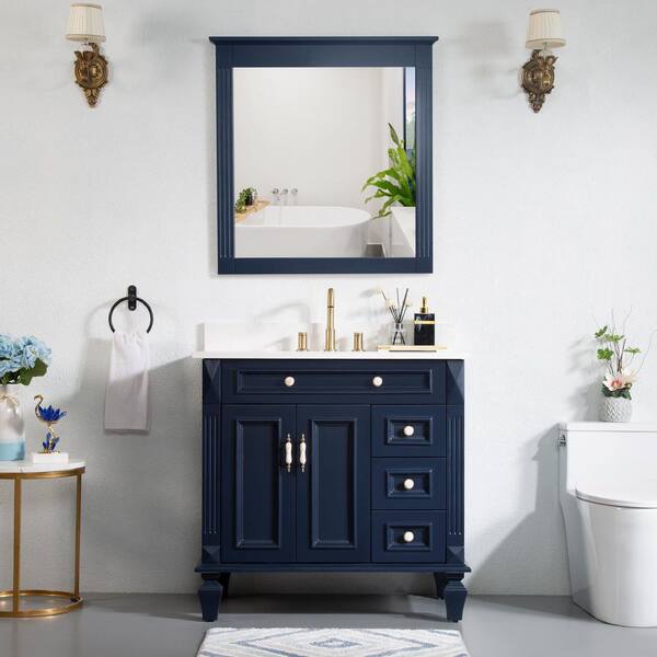 WELLFOR 36 in. W x 22 in. D x 35 in. H Single Sink Bath Vanity in Navy Blue with White Quartz Top and Mirror