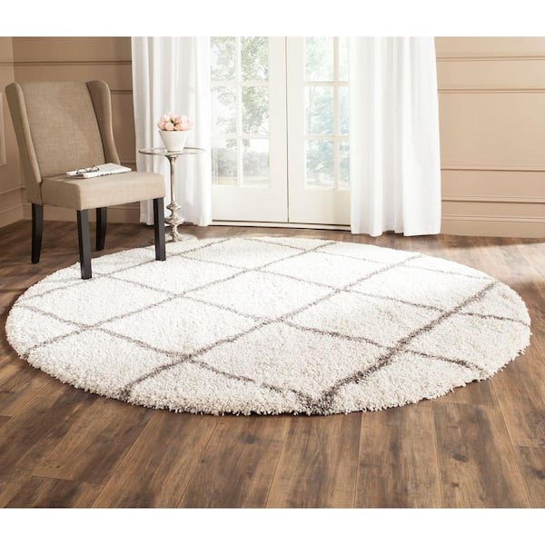 Hudson Shag Ivory/Gray 9 ft. x 9 ft. Round Diamonds Geometric Area Rug