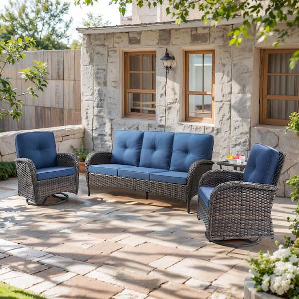 SleekArm 4-Piece Brown Wicker Patio Conversation Set with Olefin Blue Cushion and Outdoor Swivel Glider Chairs