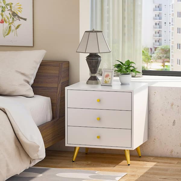 FUFU&GAGA 3-Drawer White Nightstands With Metal Legs, Side Table Bedside Table 21.3 in. H x 19.7 in. W x 15.7 in. D